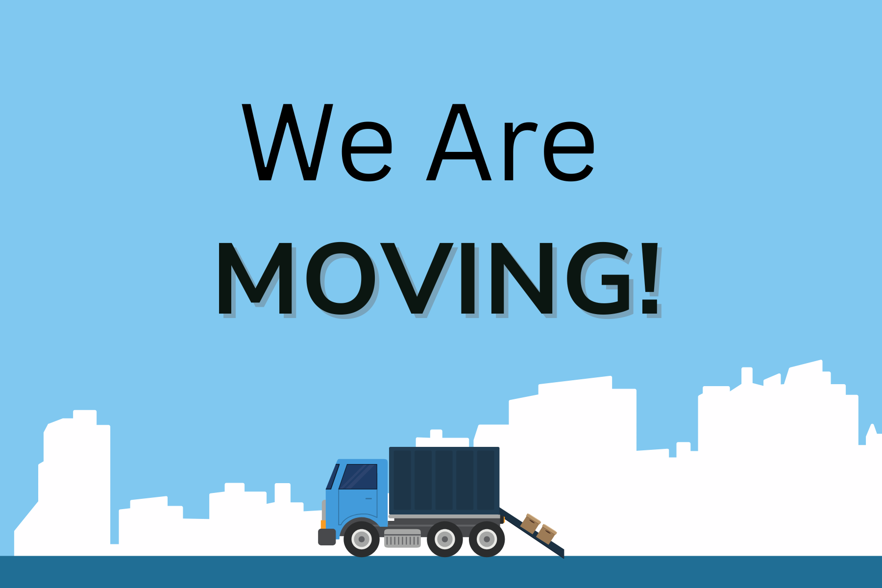 Moving truck on a street with text reading We are moving. 